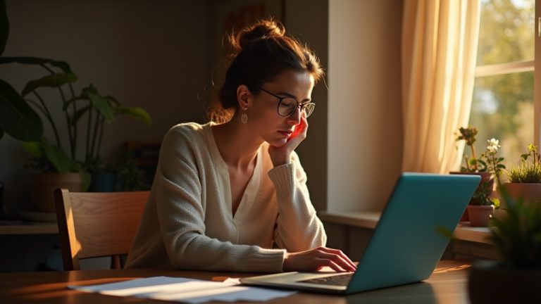 A focused woman in a cozy home office balances customer queries with digital assistance, sunlight highlighting her workspace as an AI interface subtly reflects in the window.