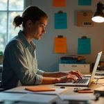 Solo founder working at a cluttered home office desk, focused on managing email tasks amid colorful notes and devices in a cozy, well-lit workspace.