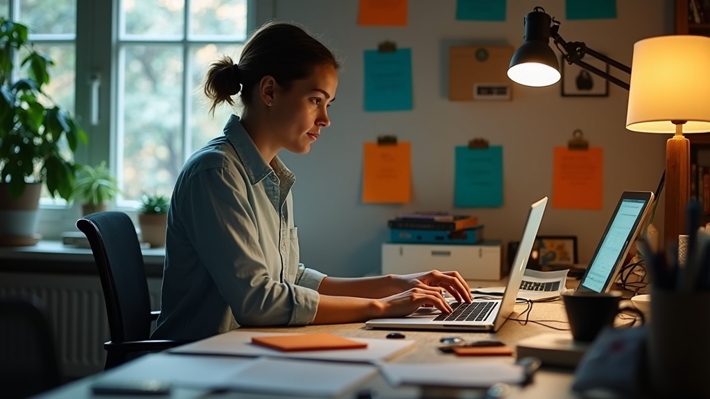 Solo founder working at a cluttered home office desk, focused on managing email tasks amid colorful notes and devices in a cozy, well-lit workspace.