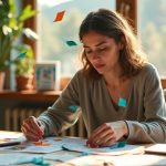 A focused solopreneur at a cozy desk shapes colorful paper cutouts, illustrating creative and tailored content creation amidst a vibrant, lived-in workspace.