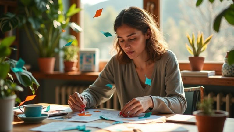 A focused solopreneur at a cozy desk shapes colorful paper cutouts, illustrating creative and tailored content creation amidst a vibrant, lived-in workspace.