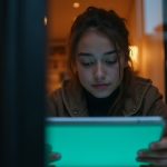 A young adult in a lively café intently reads a colorful tablet inbox, teal light highlighting their thoughtful expression amid warm evening tones.
