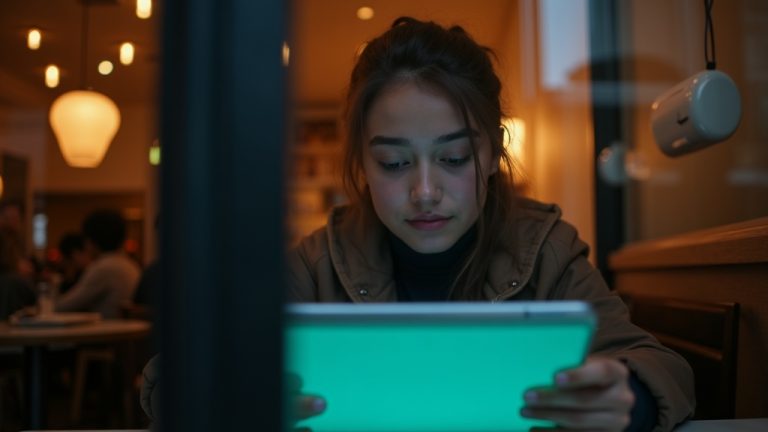 A young adult in a lively café intently reads a colorful tablet inbox, teal light highlighting their thoughtful expression amid warm evening tones.