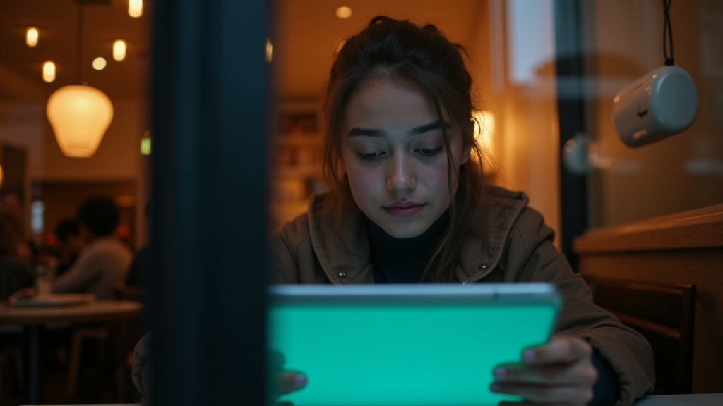 A young adult in a lively café intently reads a colorful tablet inbox, teal light highlighting their thoughtful expression amid warm evening tones.