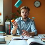 Solo founder juggling colorful tasks at a cluttered desk, conveying the daily challenges and decisions faced during early business automation.