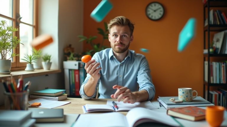 Solo founder juggling colorful tasks at a cluttered desk, conveying the daily challenges and decisions faced during early business automation.