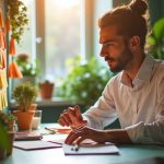 Focused solopreneur in a colorful home office, surrounded by plants and post-it notes, planning how to organize and manage growing AI tool expenses.