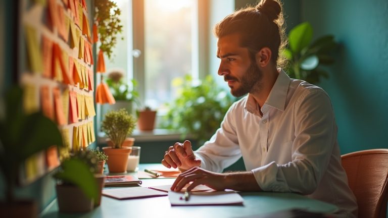 Focused solopreneur in a colorful home office, surrounded by plants and post-it notes, planning how to organize and manage growing AI tool expenses.