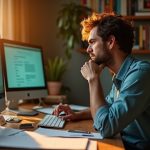 Solo entrepreneur at a cluttered home office desk, analyzing a computer screen with curious frustration as sunlight and monitor glow illuminate the workspace