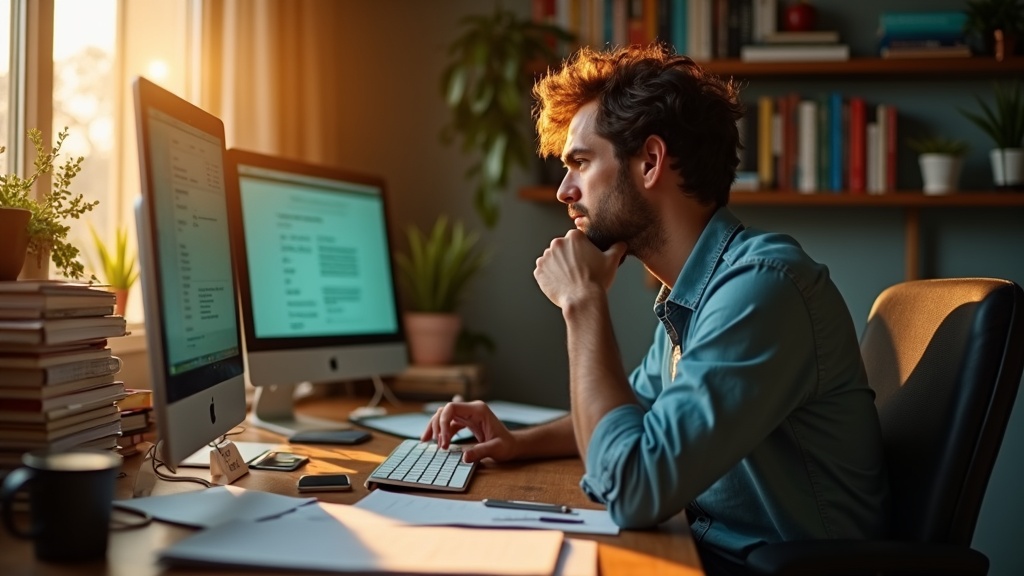 Solo entrepreneur at a cluttered home office desk, analyzing a computer screen with curious frustration as sunlight and monitor glow illuminate the workspace