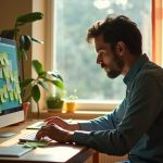 A solopreneur at a wooden desk in a sunlit home office, surrounded by colorful post-it notes and focused on a computer screen amidst a productive yet cluttered workspace.