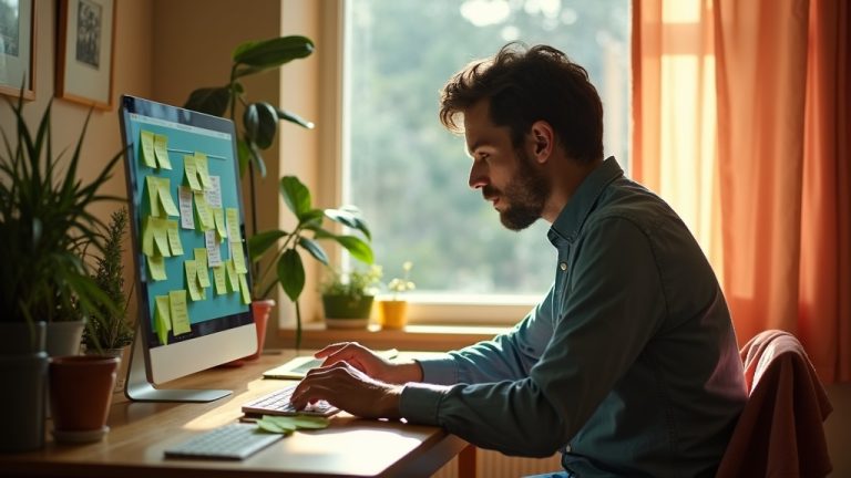 A solopreneur at a wooden desk in a sunlit home office, surrounded by colorful post-it notes and focused on a computer screen amidst a productive yet cluttered workspace.