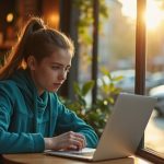 A focused solopreneur works on a laptop at a sunlit café table, surrounded by lively ambiance and soft reflections, preparing to choose their first automation tool.