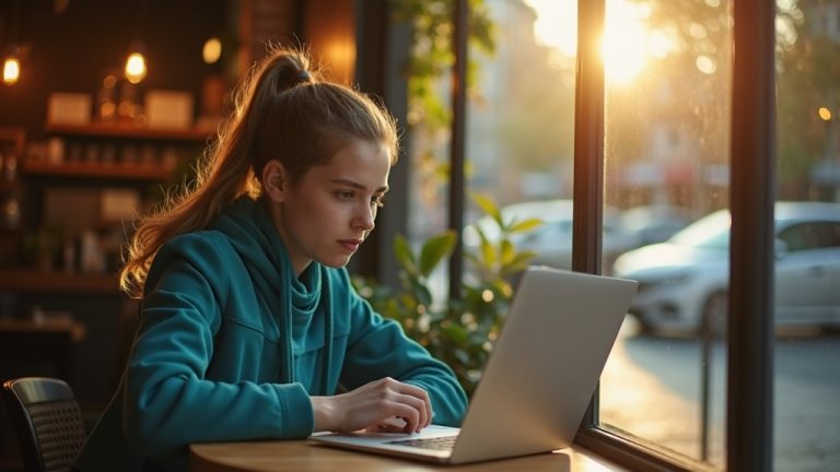 A focused solopreneur works on a laptop at a sunlit café table, surrounded by lively ambiance and soft reflections, preparing to choose their first automation tool.