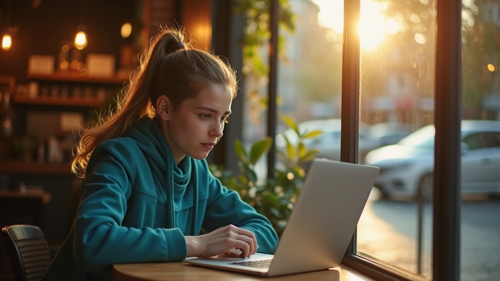 A focused solopreneur works on a laptop at a sunlit café table, surrounded by lively ambiance and soft reflections, preparing to choose their first automation tool.