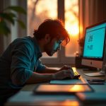 A focused solopreneur working in a warmly lit home office at dusk, surrounded by hints of creative tools and technology, embodying practical solo work.