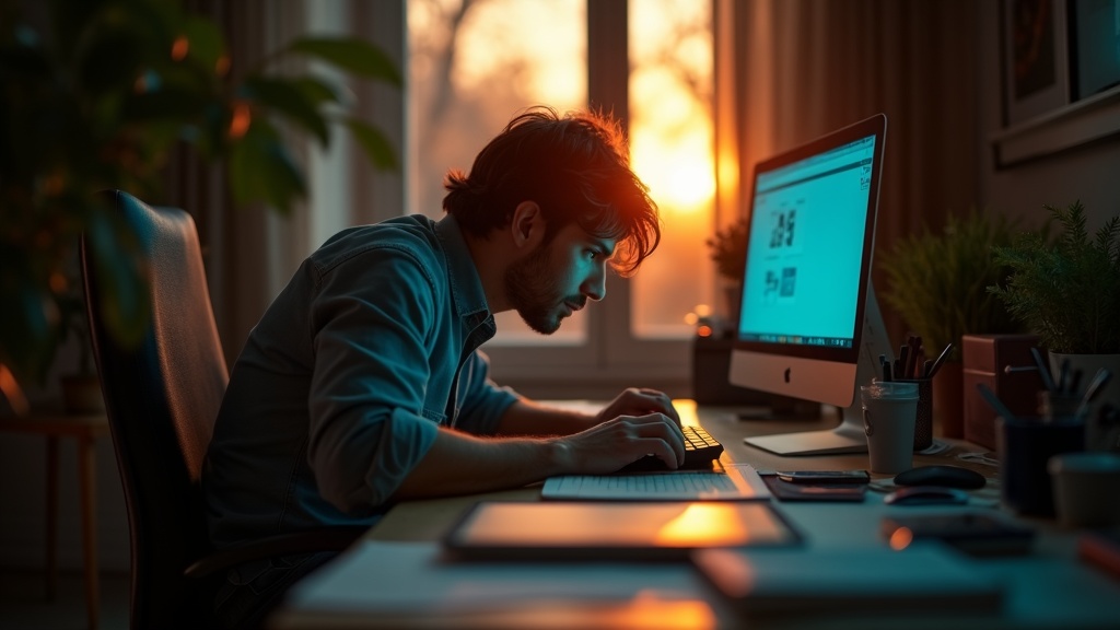 A focused solopreneur working in a warmly lit home office at dusk, surrounded by hints of creative tools and technology, embodying practical solo work.