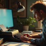 A determined solopreneur sits at a vintage desk, torn between an old typewriter and a glowing computer as afternoon sunlight highlights their focused effort to develop an authentic brand identity.