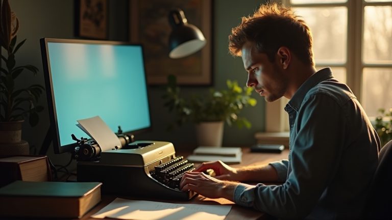 A determined solopreneur sits at a vintage desk, torn between an old typewriter and a glowing computer as afternoon sunlight highlights their focused effort to develop an authentic brand identity.