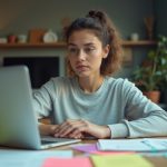 Solopreneur at a modern desk thoughtfully composing client emails in a cozy home office with colorful notes and natural lighting.