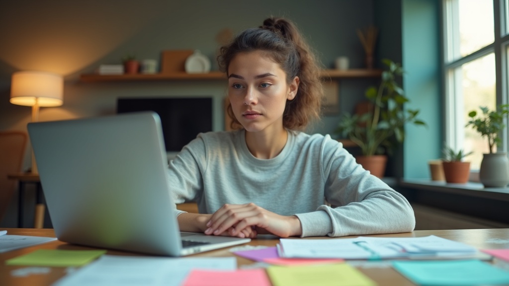 Solopreneur at a modern desk thoughtfully composing client emails in a cozy home office with colorful notes and natural lighting.