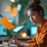 A focused solo entrepreneur at a modern home office desk, surrounded by dynamic papers and digital screens in motion, illustrating the streamlined process of invoicing automation.