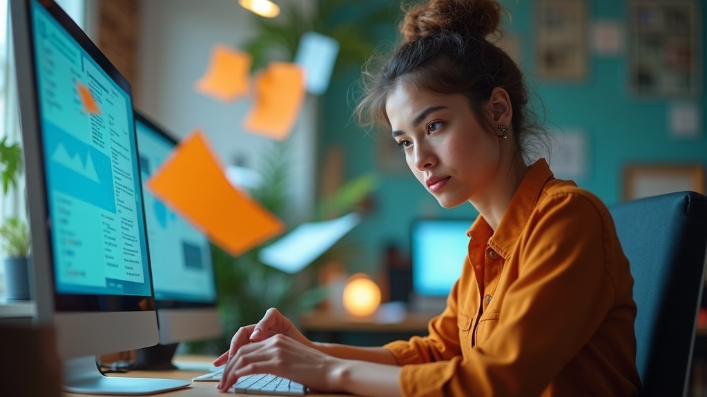 A focused solo entrepreneur at a modern home office desk, surrounded by dynamic papers and digital screens in motion, illustrating the streamlined process of invoicing automation.