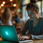 Focused entrepreneur analyzing competitor data on a laptop in a busy café setting, embodying solo business strategy.