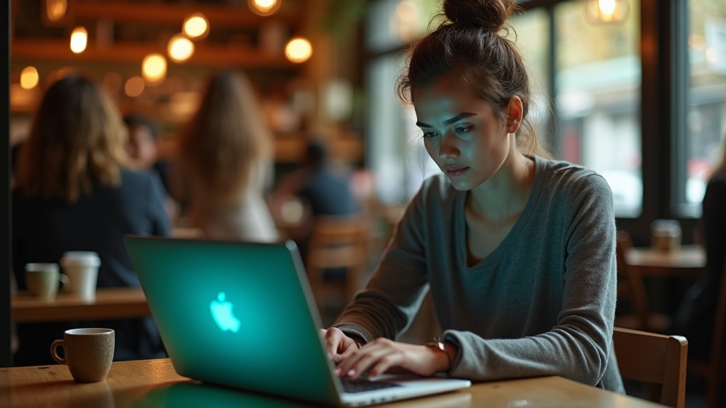 Focused entrepreneur analyzing competitor data on a laptop in a busy café setting, embodying solo business strategy.
