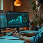 Solo entrepreneur analyzing market data in a warmly lit home office using AI tools, with focused expression and vibrant workspace details.