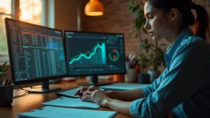 Solo entrepreneur analyzing market data in a warmly lit home office using AI tools, with focused expression and vibrant workspace details.