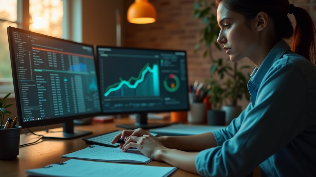Solo entrepreneur analyzing market data in a warmly lit home office using AI tools, with focused expression and vibrant workspace details.