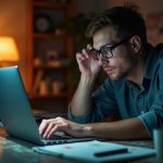 Solo entrepreneur focused on laptop at a creative, cluttered home desk at dusk, reflecting the challenges and intensity of onboarding automation work.