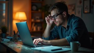 Solo entrepreneur focused on laptop at a creative, cluttered home desk at dusk, reflecting the challenges and intensity of onboarding automation work.