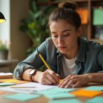 A focused solo entrepreneur at a home desk surrounded by colorful notes, thoughtfully organizing tasks with a bright and modern workspace atmosphere.