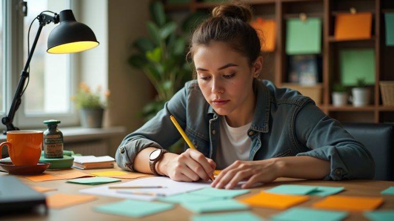 A focused solo entrepreneur at a home desk surrounded by colorful notes, thoughtfully organizing tasks with a bright and modern workspace atmosphere.