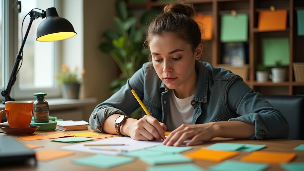 A focused solo entrepreneur at a home desk surrounded by colorful notes, thoughtfully organizing tasks with a bright and modern workspace atmosphere.