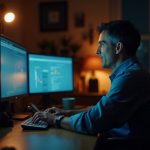 Solo entrepreneur in a warmly lit home office, partially illuminated by computer screens while typing thoughtfully, blending focus and reflection.