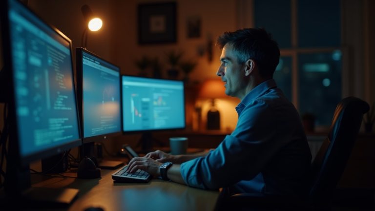 Solo entrepreneur in a warmly lit home office, partially illuminated by computer screens while typing thoughtfully, blending focus and reflection.