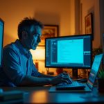 A solo business owner works at a crowded desk, surrounded by multiple screens displaying tasks, bathed in warm and cool lighting, conveying a sense of overwhelm.