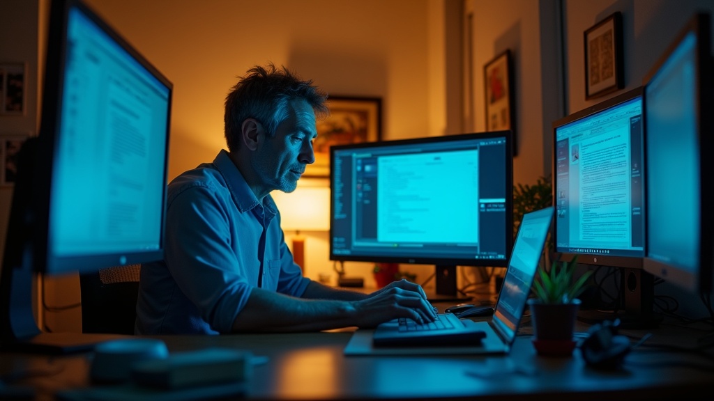 A solo business owner works at a crowded desk, surrounded by multiple screens displaying tasks, bathed in warm and cool lighting, conveying a sense of overwhelm.