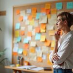 A solo creator thoughtfully reviews a wall filled with colorful brainstorm notes in a sunlit creative studio, illustrating the ongoing process of generating content ideas.