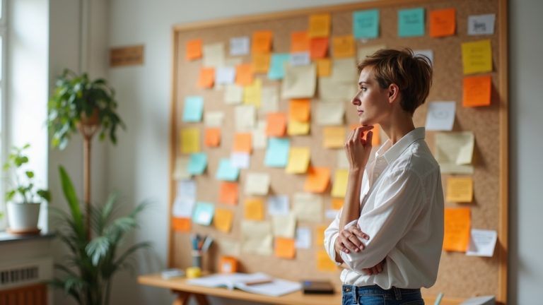 A solo creator thoughtfully reviews a wall filled with colorful brainstorm notes in a sunlit creative studio, illustrating the ongoing process of generating content ideas.