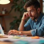Solo entrepreneur concentrating at a cluttered home office desk with colorful sticky notes, reflecting the real work environment of solopreneurs exploring business tools.