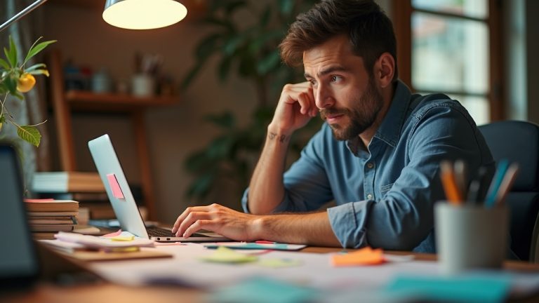 Solo entrepreneur concentrating at a cluttered home office desk with colorful sticky notes, reflecting the real work environment of solopreneurs exploring business tools.