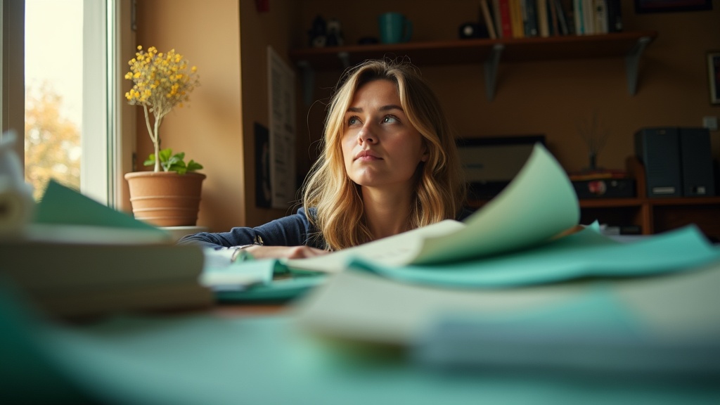 A solo entrepreneur at a cluttered home office desk reflecting on sales automation steps with warm natural light and scattered documents.