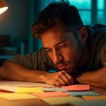 Solo founder in a cozy home office reflecting on software tool choices, surrounded by notes and contrasting warm and cool lighting.