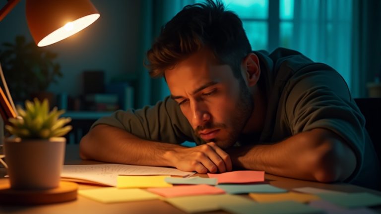 Solo founder in a cozy home office reflecting on software tool choices, surrounded by notes and contrasting warm and cool lighting.