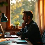 A relaxed solopreneur in a sunlit home office, surrounded by tech and notes, reflecting on work-life balance with AI support.