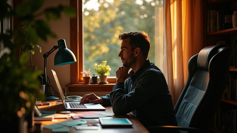 A relaxed solopreneur in a sunlit home office, surrounded by tech and notes, reflecting on work-life balance with AI support.